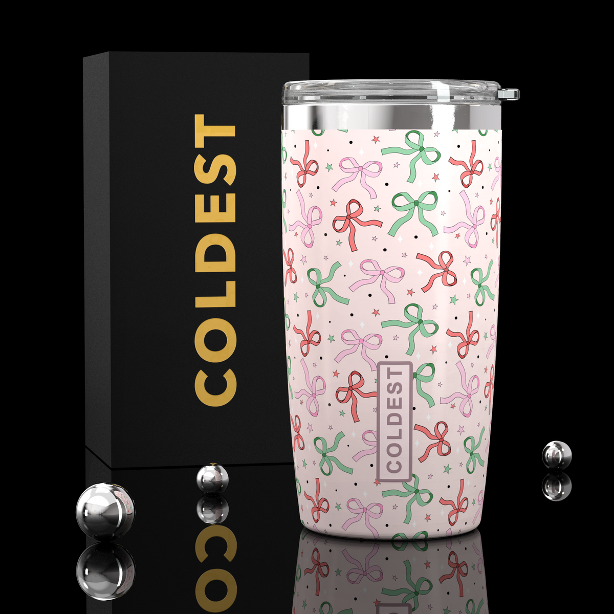 COLDEST 20oz insulated coffee tumbler v2 in Pink Bows Ultra design