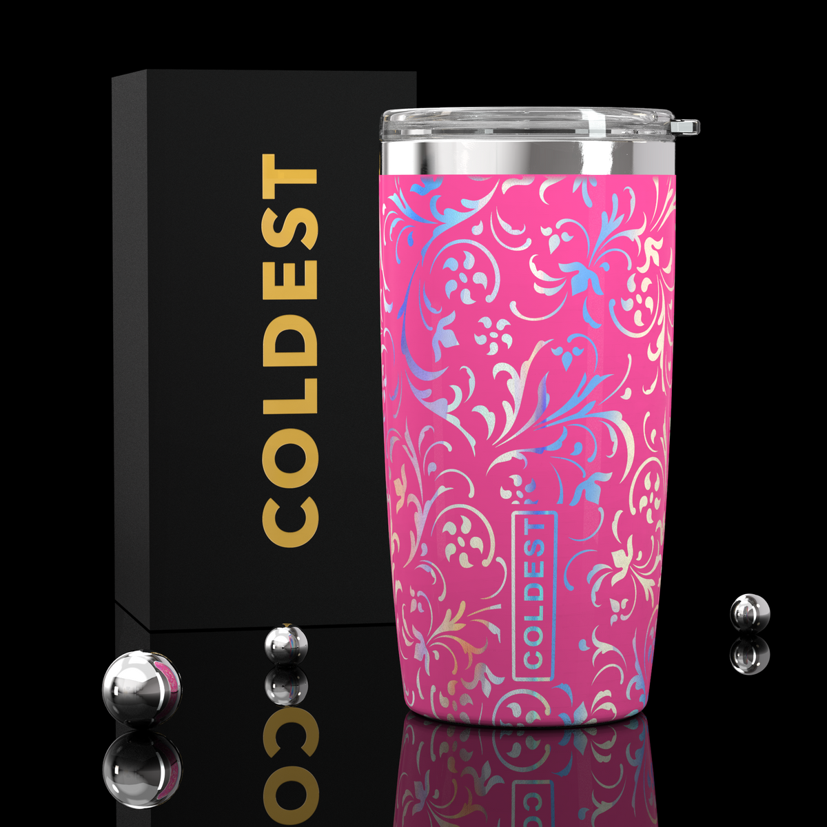 COLDEST 20oz insulated coffee tumbler v2 in Pink Moonlight Floral design