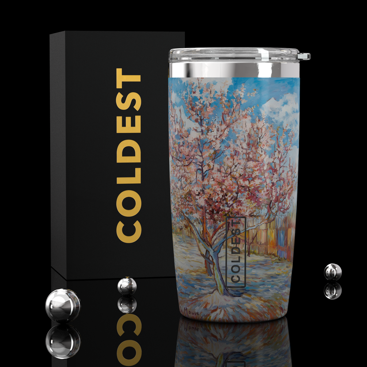 COLDEST 20oz insulated coffee tumbler v2 in Pink Peach Tree Ultra design