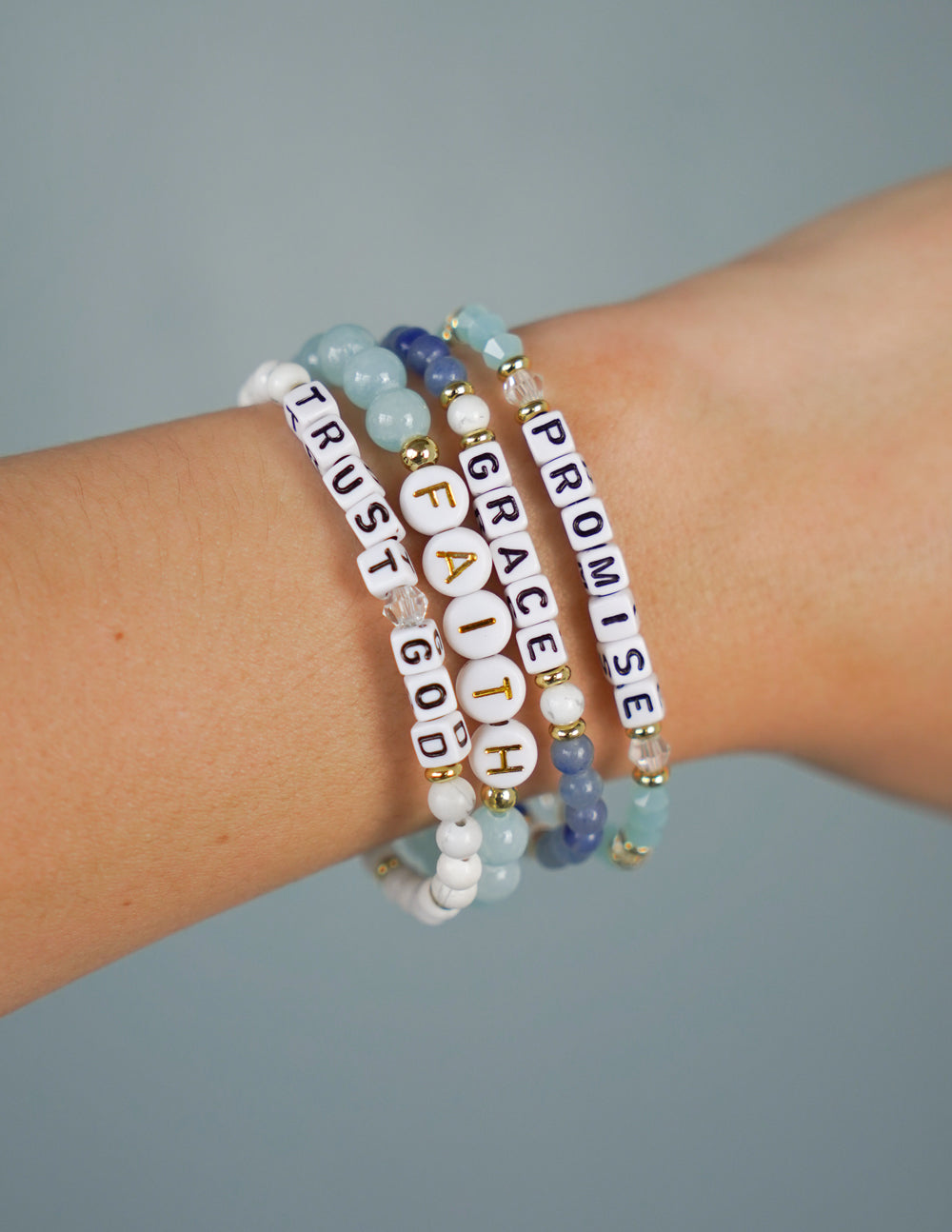Elevated Faith Christian Jewelry Bracelet Stack with Letter Beads Spelling Trust, Faith, Promise, and Grace