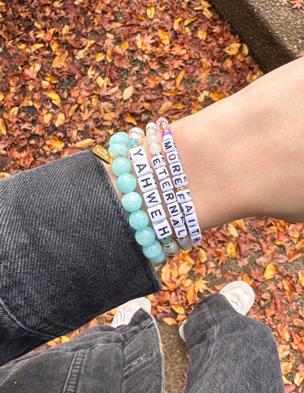 Colorful Christian Jewelry Bracelet featuring letter beads spelling 'more faith' and 'eternal' for spiritual inspiration