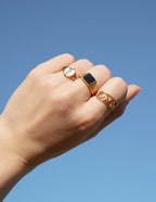 Set of Elevated Faith Christian Jewelry rings on a hand with a blue sky background