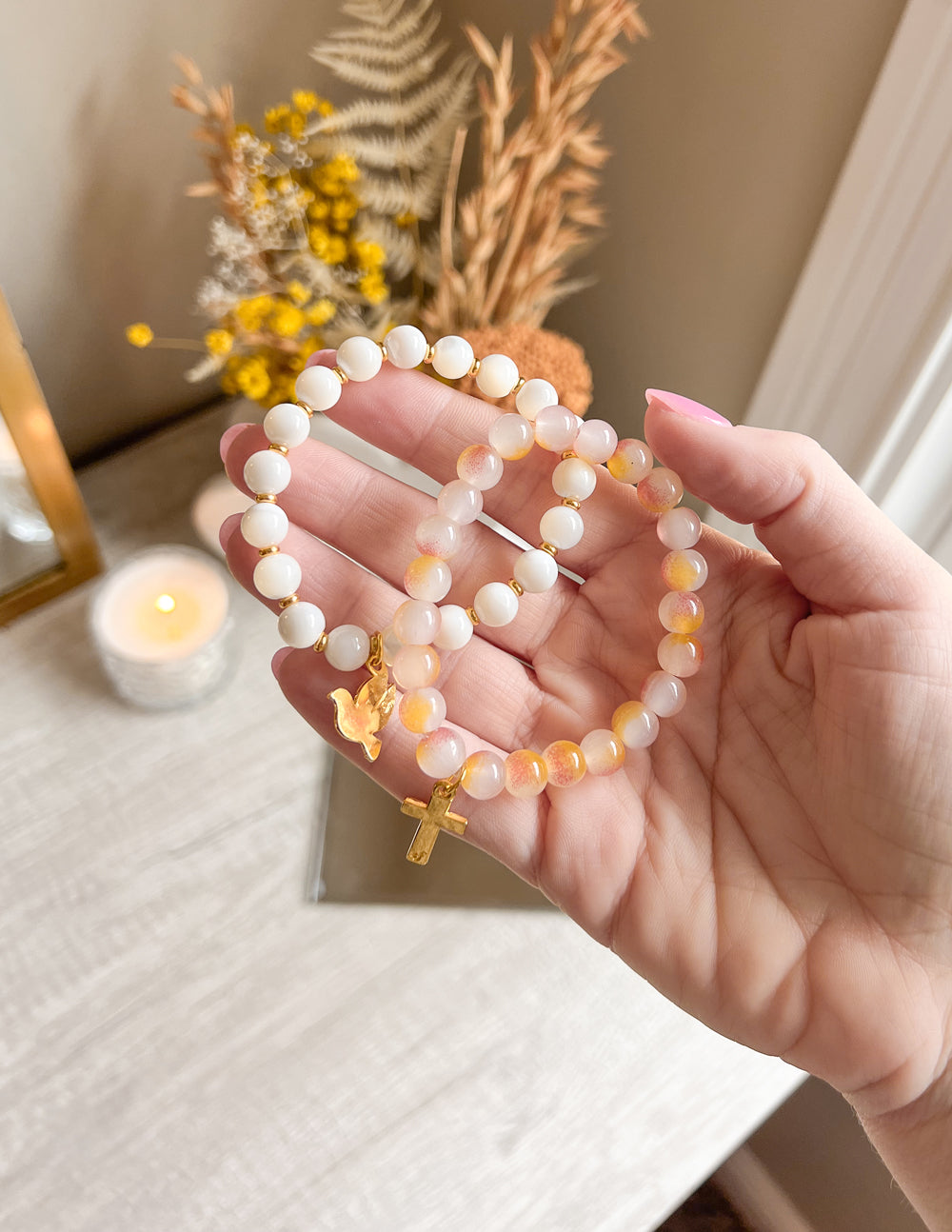 Elevated Faith Christian Jewelry Bracelet made of natural stones with a gold charm and cross pendant
