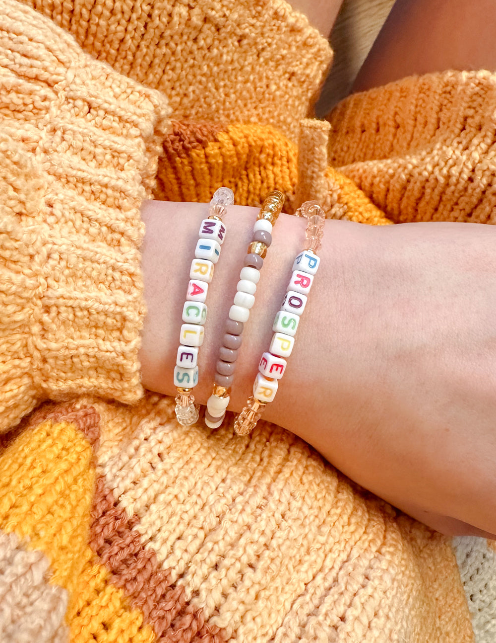 Colorful Christian Jewelry Bracelet set with beads spelling Miracles and Prosper for faith-inspired style