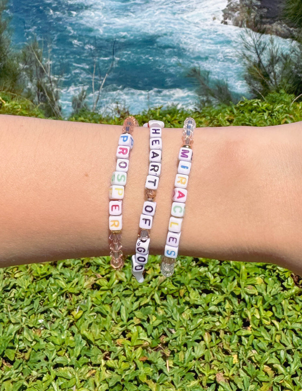 Elevated Faith Christian Jewelry Bracelet set with letters spelling Prosper, Heart of Gold, and Miracles