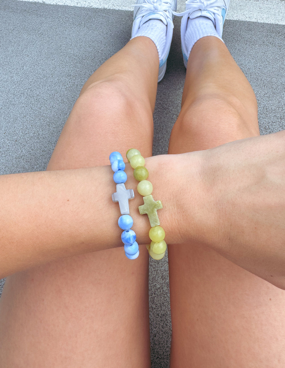 Elevated Faith Christian Jewelry Bracelet set featuring blue and green stone beads with cross accents