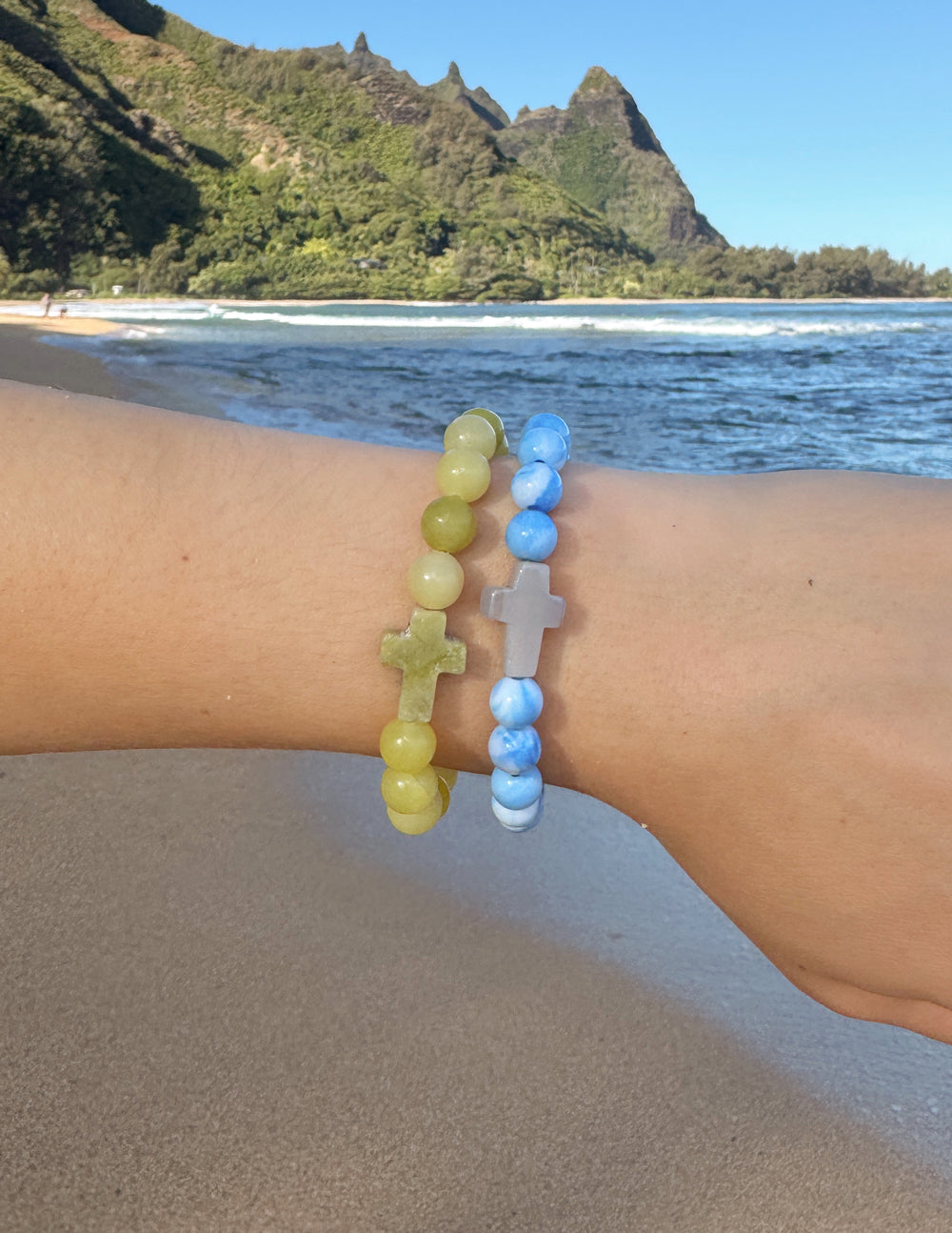 Elevated Faith Christian Jewelry Bracelet set, featuring colored stones and cross charms on each bracelet