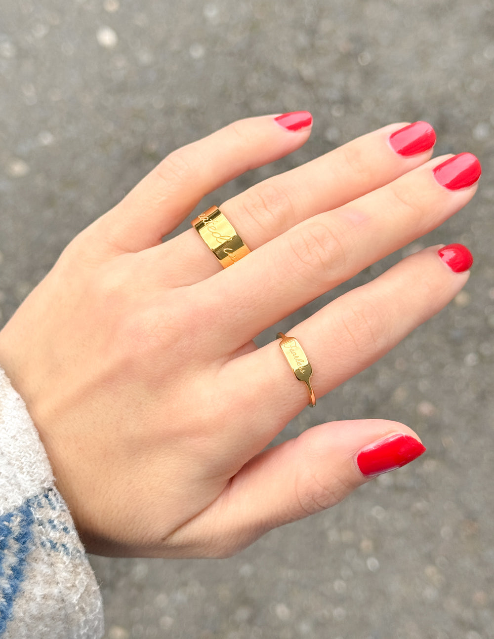 Gold Elevated Faith Ring Set on a hand, showcasing Christian Jewelry with a modern design