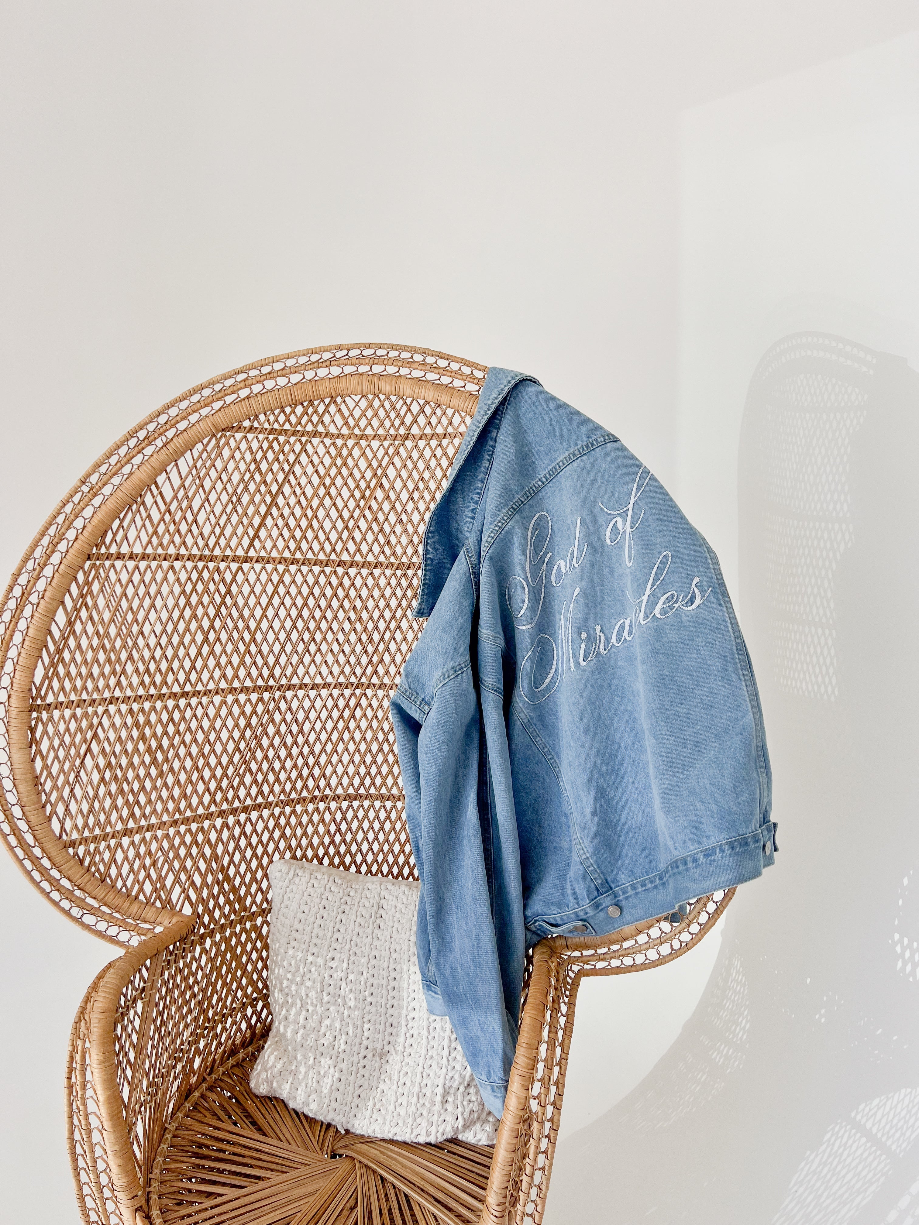 Elevated Faith Christian Jacket in Denim with 'Set of Miracles' Embroidery for Casual Wear