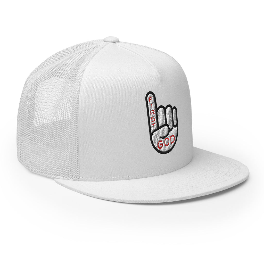 Christian Embroidered Hat in white featuring a hand with the text First God