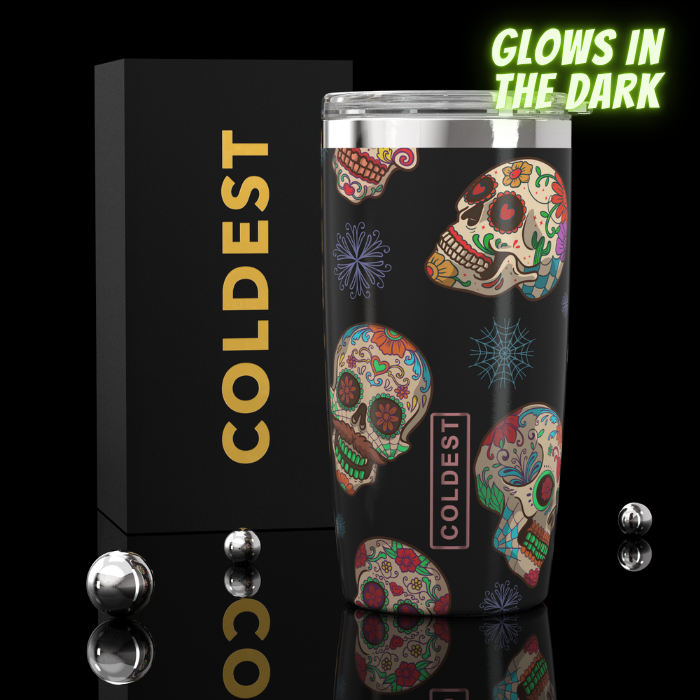 COLDEST 20oz insulated coffee tumbler v2 in Glowie Sugar Skulls design