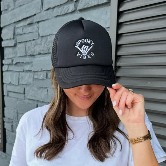 Spooky Vibes Halloween Trucker Hat in Black
