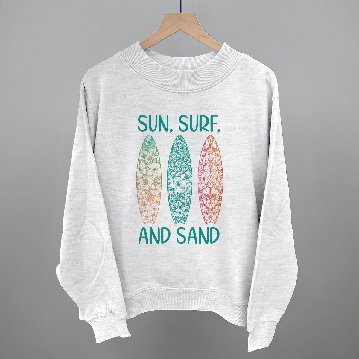 Sun, Surf and Sand Surfboards Beach graphic French terry mockneck in Ash