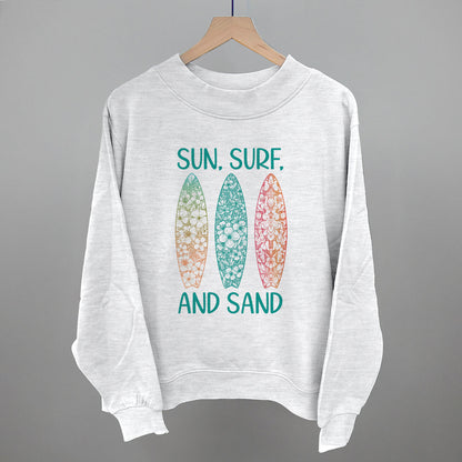 Sun, Surf and Sand Surfboards Beach graphic French terry mockneck in Ash