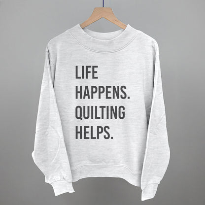 Life Happens Quilting Helps graphic French terry mockneck in Ash