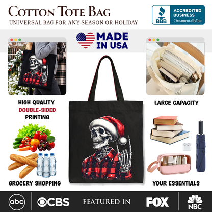Buffalo Plaid Christmas Skeleton Tote Bag, Brutal Guys Gift Shopper
