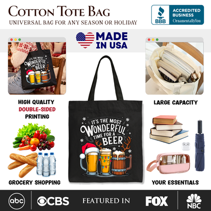 It's The Most Wonderful Time For a Beer Tote Bag, Funny Holiday Beer Christmas Gift Shopper for Festive Drinkers