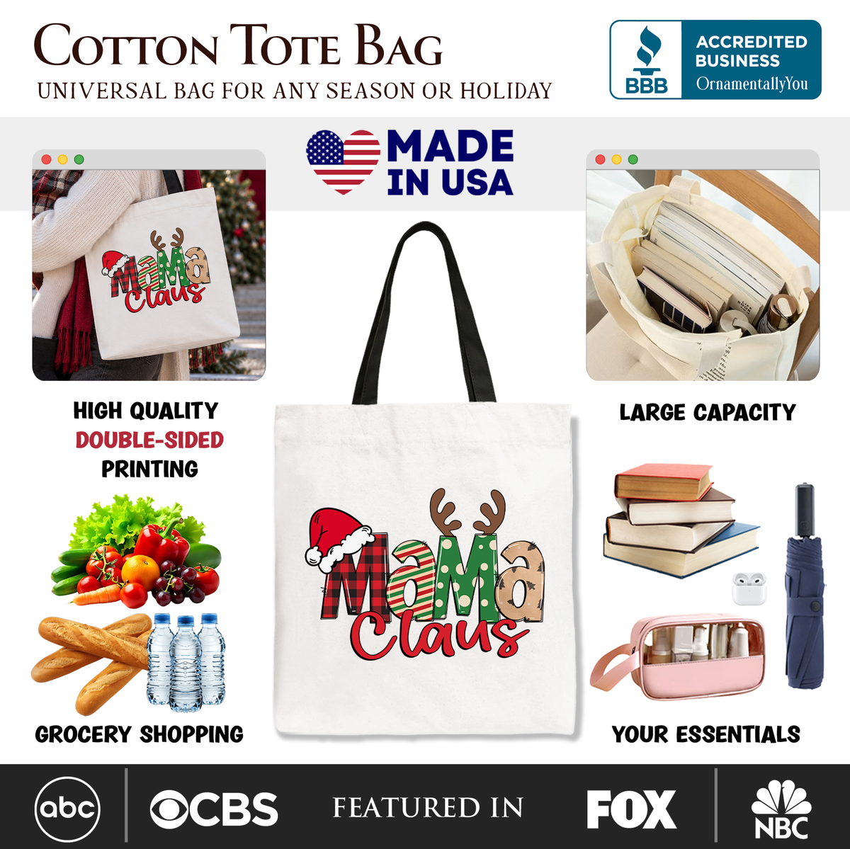 Mama Claus Retro Christmas Tote Bag, Matching Family Holiday Gift Shopper