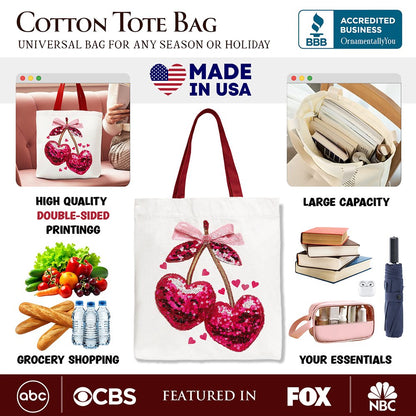 Sequin Pink Cherry Heart Canvas Tote Bag, Valentine Coquette Trendy Women Gift