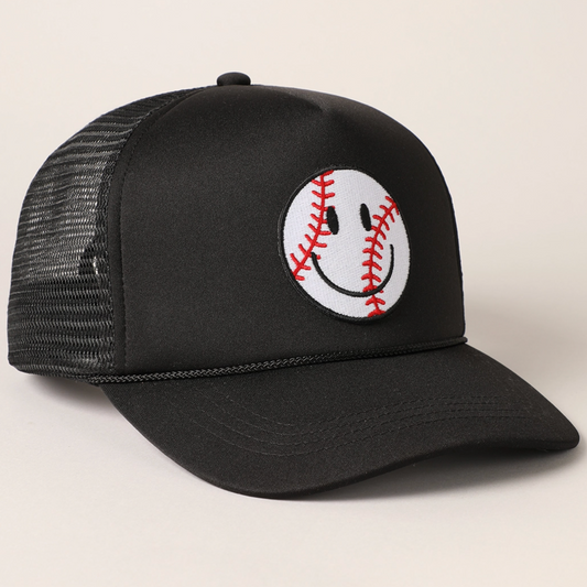 Baseball Happy Face Trucker Hat in Black