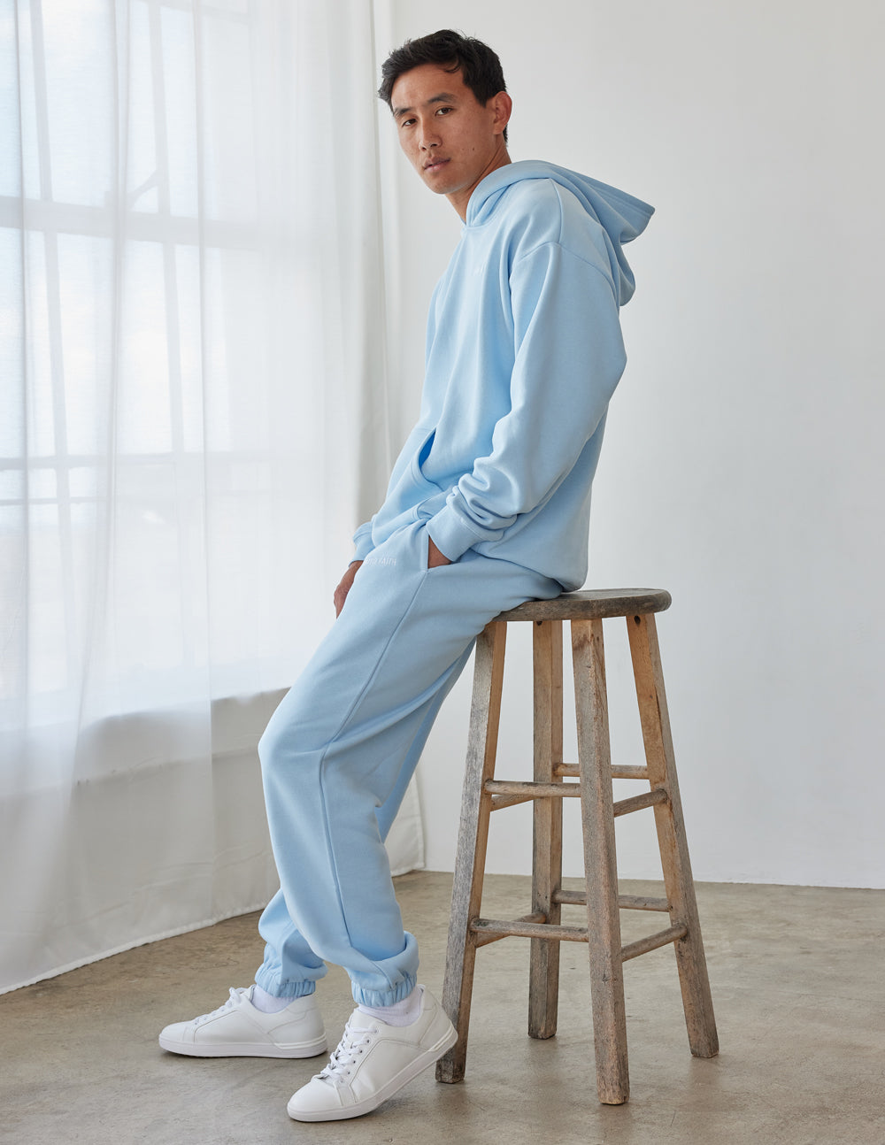 Light blue sweatpants from Elevated Faith, perfect for comfortable Christian Apparel style