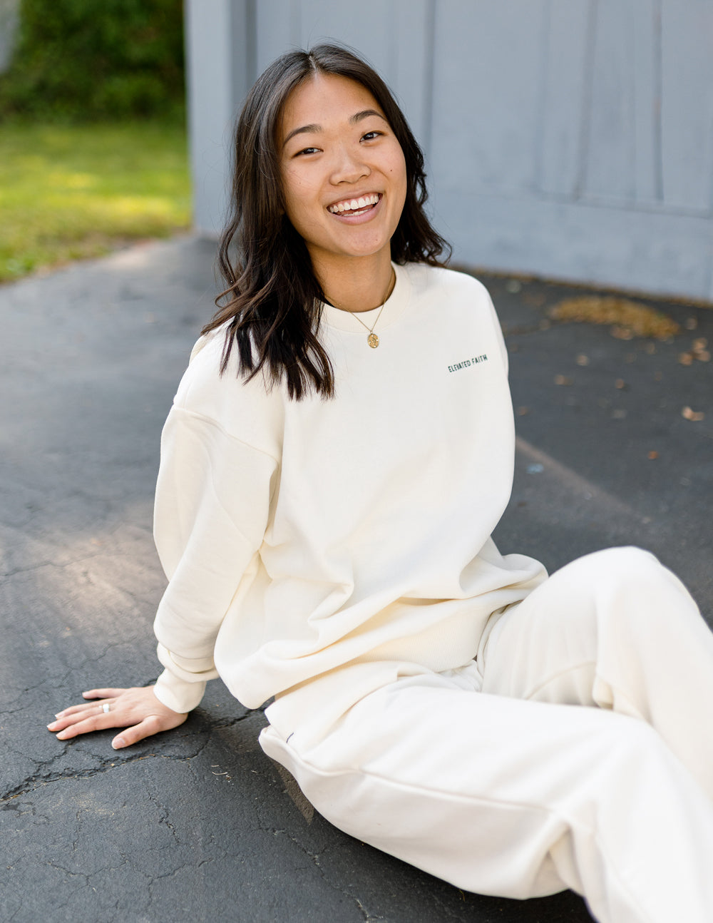 Elevated Faith Christian Crewneck Sweatshirt in cream color, perfect for casual comfort and faith-inspired style