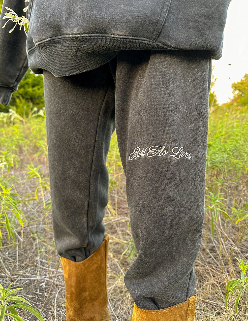 Elevated Faith sweatpants featuring 'Bold as Lions' embroidery, ideal Christian Apparel for casual wear