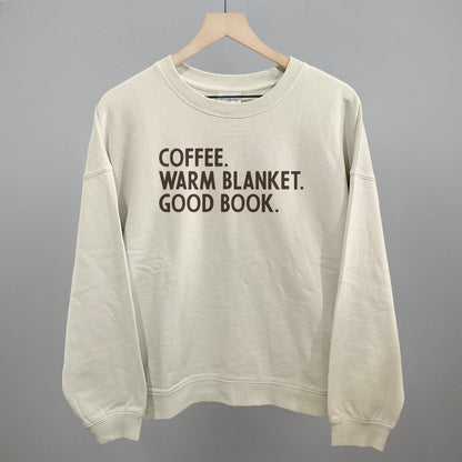 Coffee, Warm Blanket, Good Book Cozy graphic oversized boxy crew in Bone