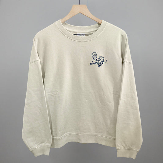 Oh Shucks Oyster Coastal graphic oversized boxy crew in Bone