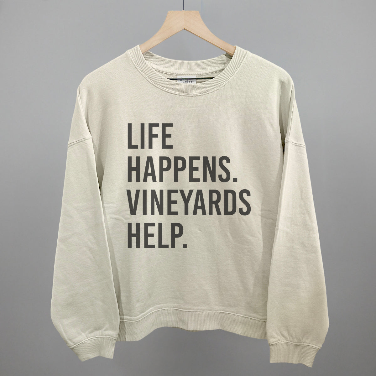Life Happens Vineyards Help Wine graphic oversized boxy crew in Bone