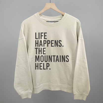 Life Happens The Mountains Help Funny Oversized Boxy Crewneck Sweatshirt in Bone – Ivy + Cloth