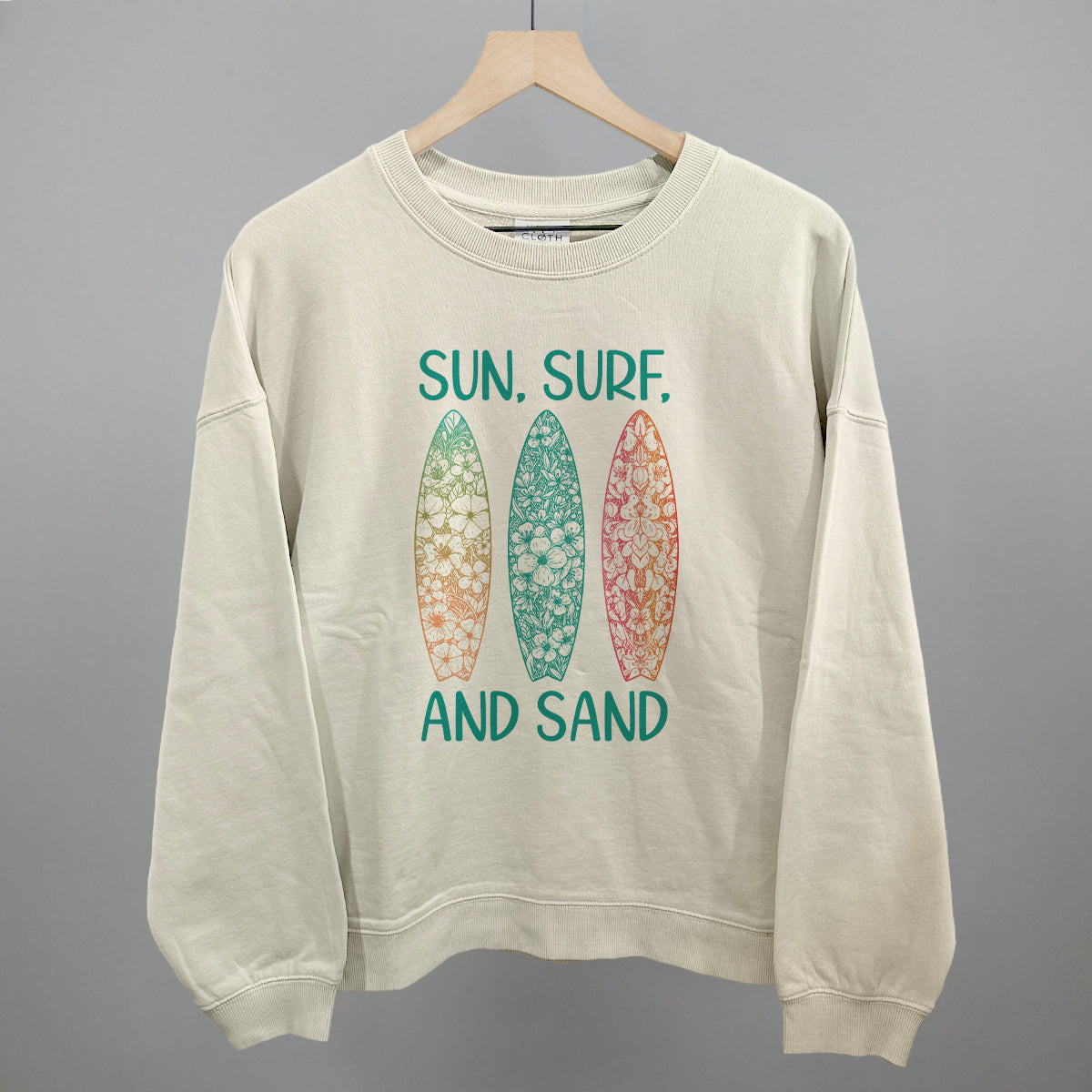 Sun, Surf and Sand Surfboards Beach graphic oversized boxy crew in Bone