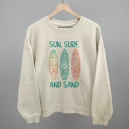 Sun, Surf and Sand Surfboards Beach graphic oversized boxy crew in Bone