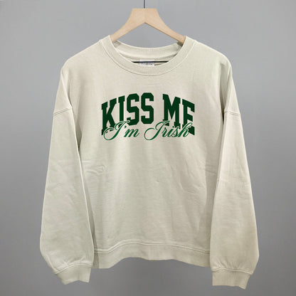 Kiss Me I'm Irish (Arch + Script) Funny Oversized Boxy Crewneck Sweatshirt in Bone – Ivy + Cloth