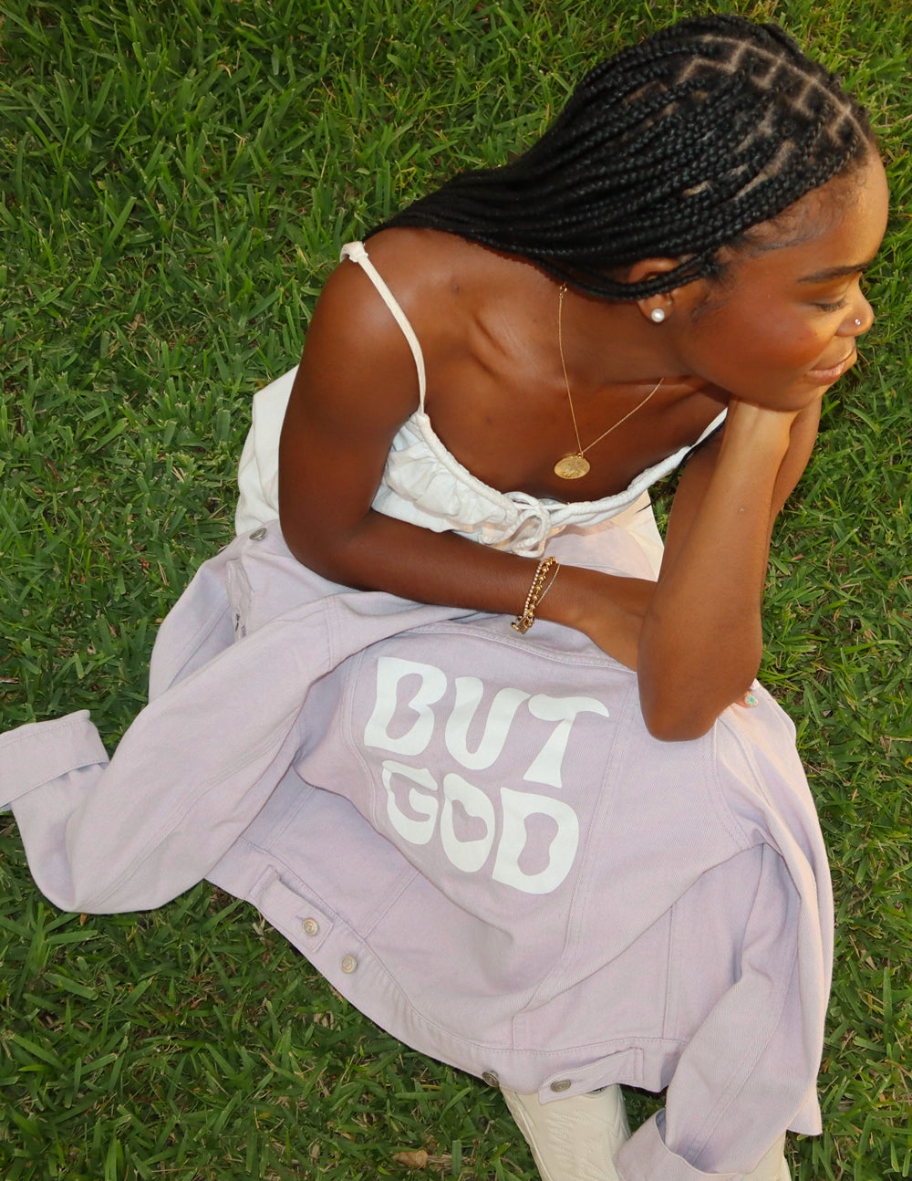 Elevated Faith Christian Jacket in lavender featuring 'BUT GOD' design for stylish expression of faith