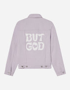 Elevated Faith Christian Jacket in lavender featuring bold 'BUT GOD' text on the back