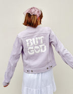 Lilac Elevated Faith Christian Jacket featuring a bold 'But God' graphic on the back