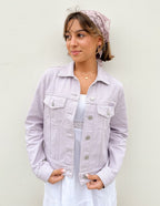 Elevated Faith Christian Jacket in light lavender with stylish buttons and pockets, perfect for casual wear.