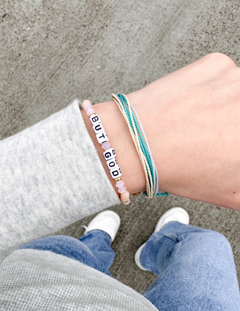 Elevated Faith Letter Bracelet with Beads displaying the phrase 'But God' for Christian Jewelry Bracelet