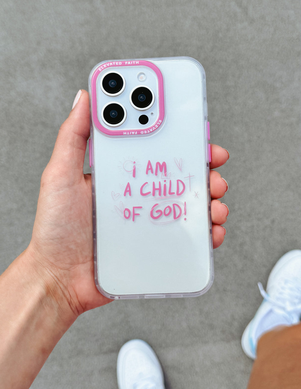 Elevated Faith Christian iPhone Case with the message I AM A CHILD OF GOD in pink letters