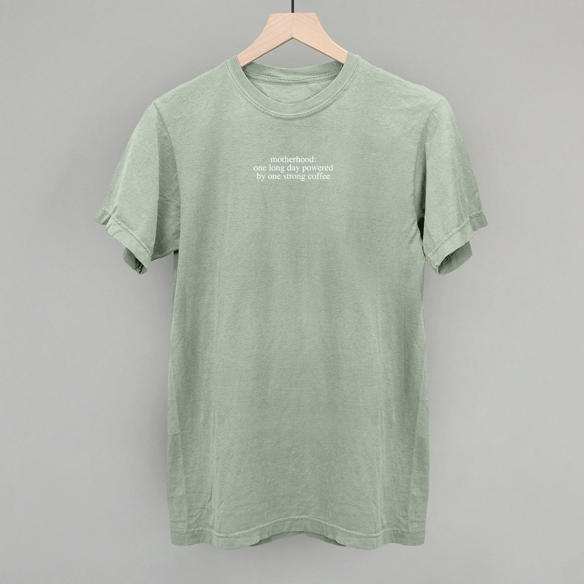 Motherhood Powered By Strong Coffee Mom graphic Comfort Colors tee in Bay