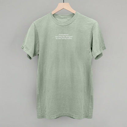 Motherhood Powered By Strong Coffee Mom graphic Comfort Colors tee in Bay