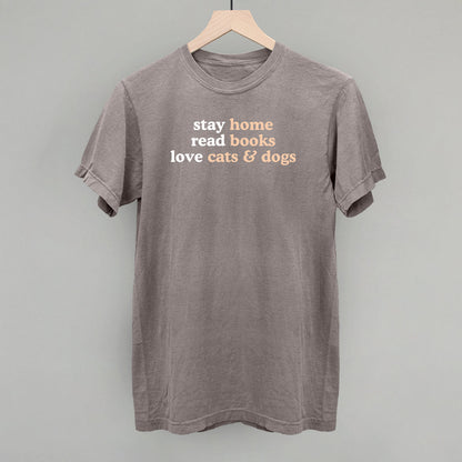 Stay Home Read Books Love Cats & Dogs graphic Comfort Colors tee in Grey