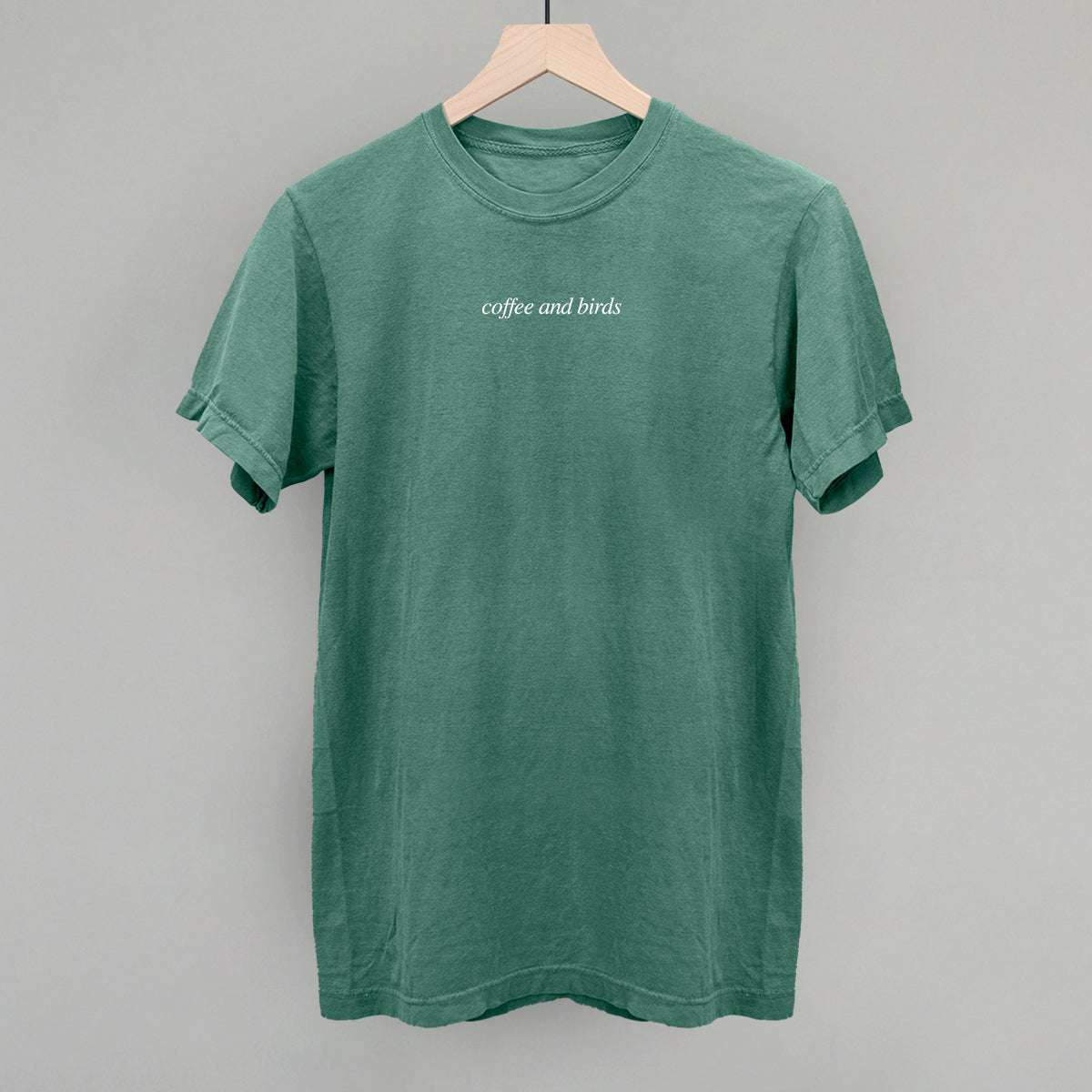 Coffee and Birds Birdwatching graphic Comfort Colors tee in Light Green