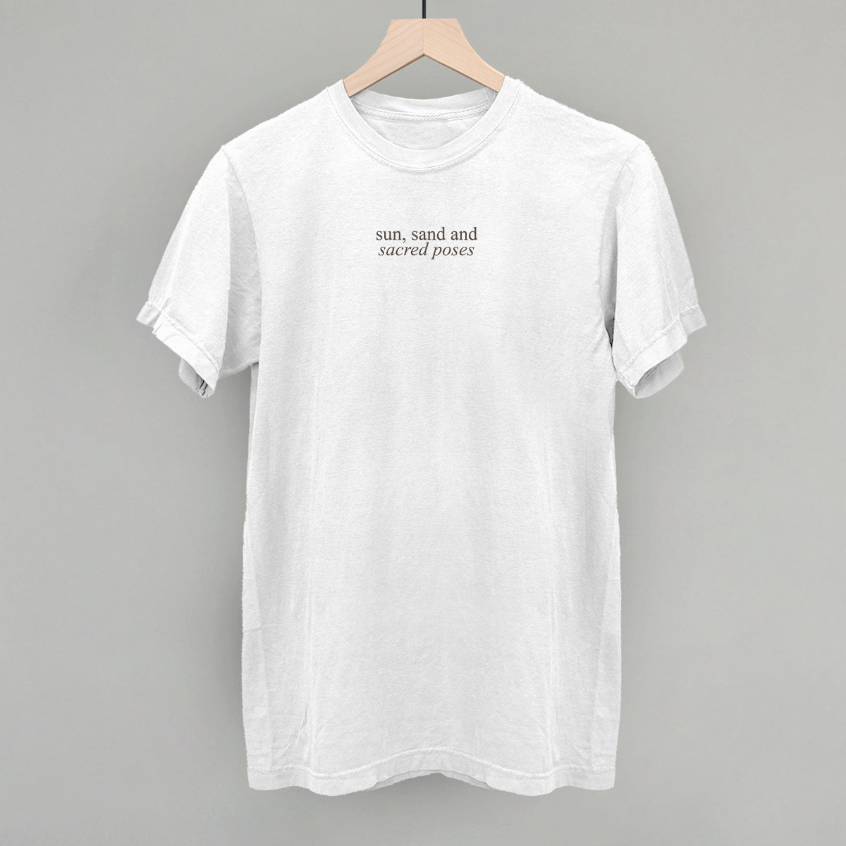 Sun, Sand and Sacred Poses Beach Yoga graphic Comfort Colors tee in White