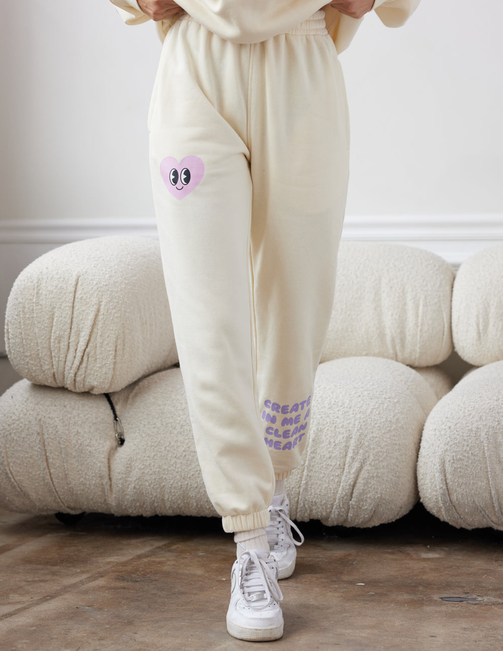 Elevated Faith Cream Sweatpants with Cute Heart Design, a trendy piece of Christian Apparel