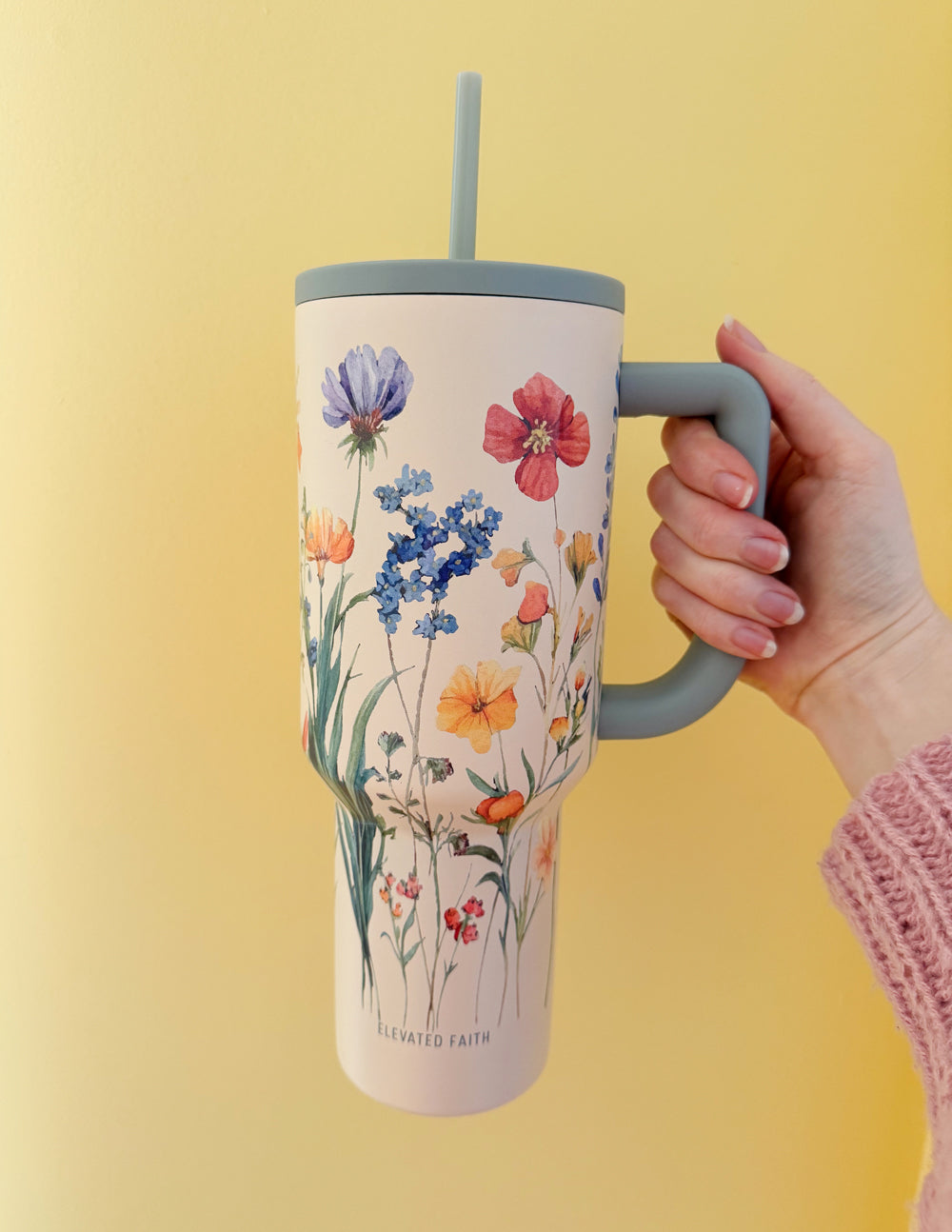 Elevated Faith Floral Tumbler with Straw, a perfect choice for Christian Gifts.