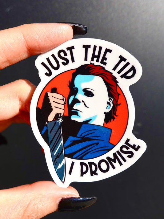 Funny Halloween sticker with cartoon face, thumbs up, orange circle, and 'JUST THE TIP I PROMISE'