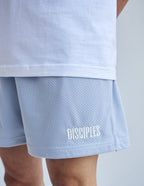 Light blue Elevated Faith Christian Shorts with 'Disciples' embroidery for comfortable wear