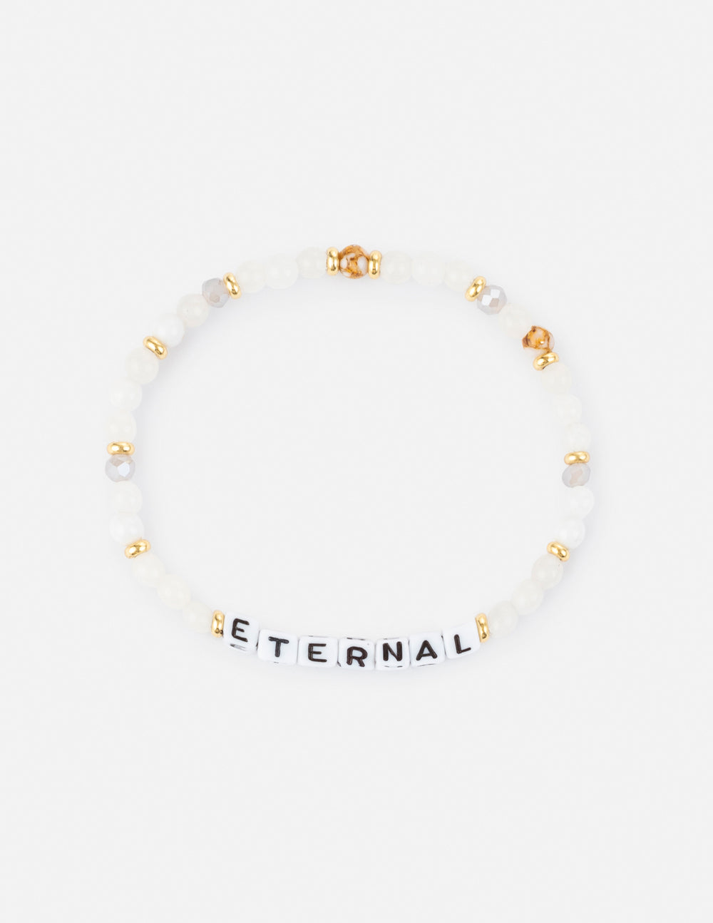Elevated Faith Christian Jewelry Bracelet featuring white beads and black letter beads spelling ETERNAL